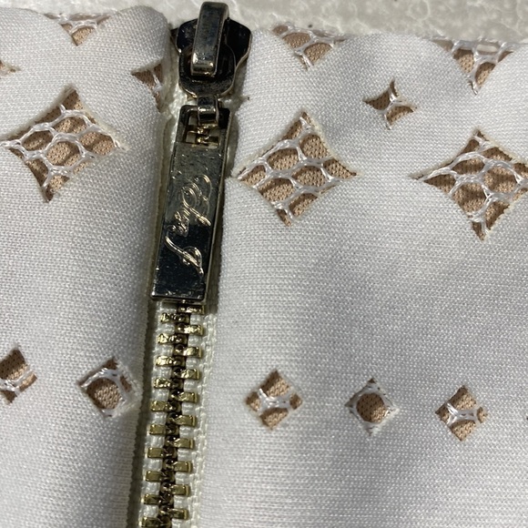 Eliza J Laser Cut Sheath Cream over tan Dress sz M/L EUC - Picture 11 of 16